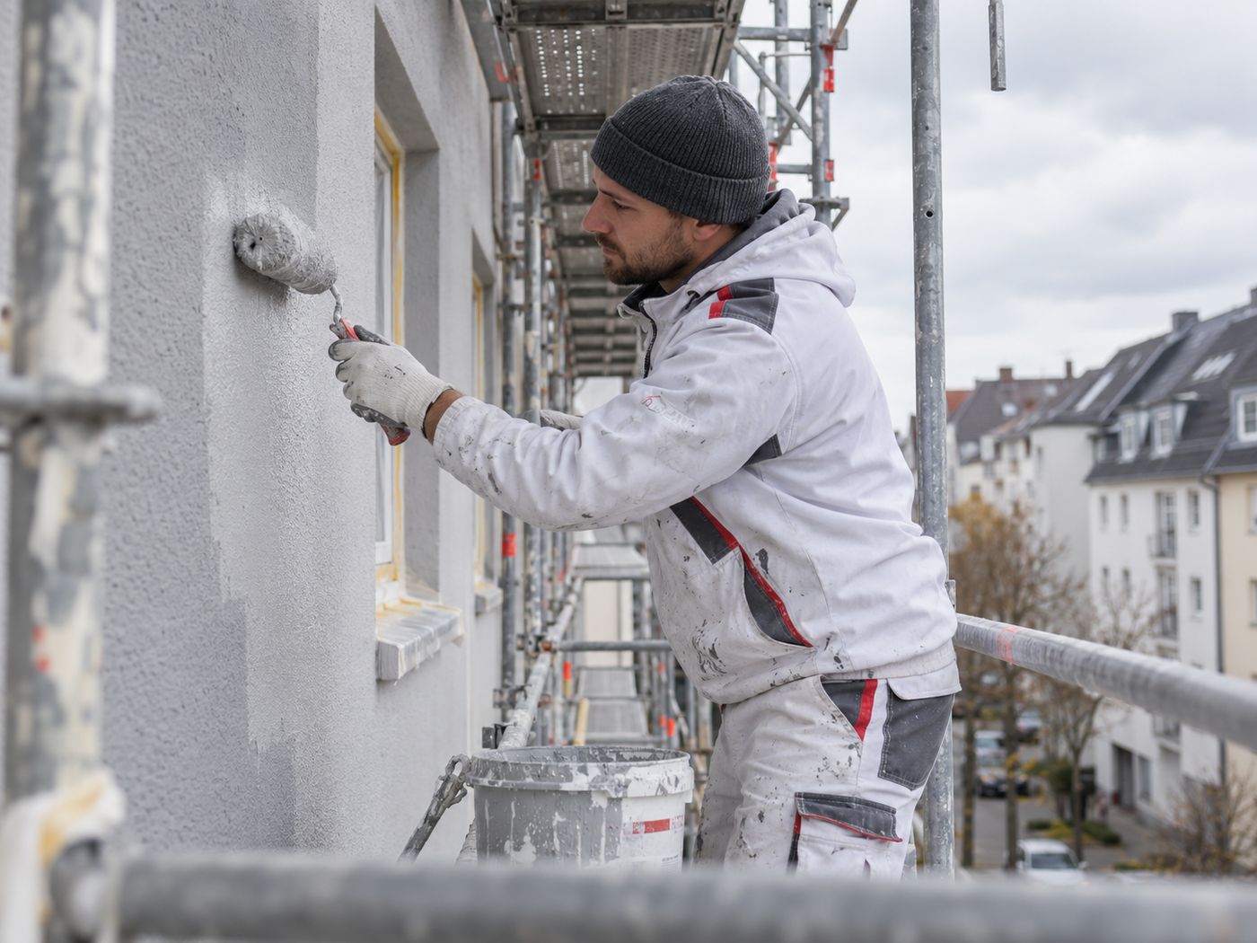 Maler streicht vom Gerüst aus eine Hausfassade